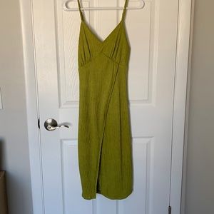 Lulus Chartreuse Tie-Back Faux Wrap MIDI Dress